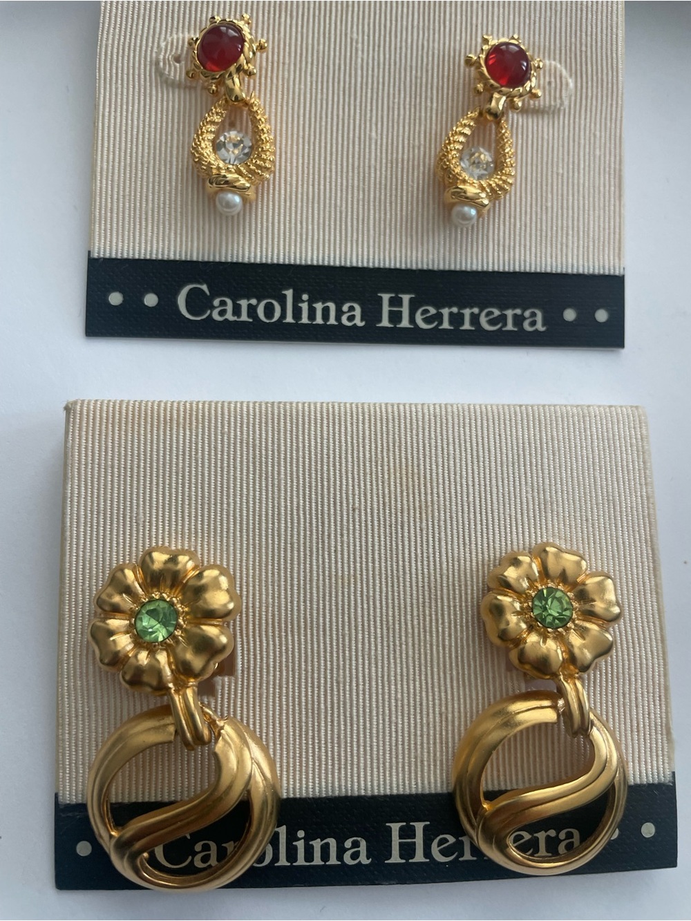 Carolina Herrera Gold Flower Drop Earrings with Green Center Stones